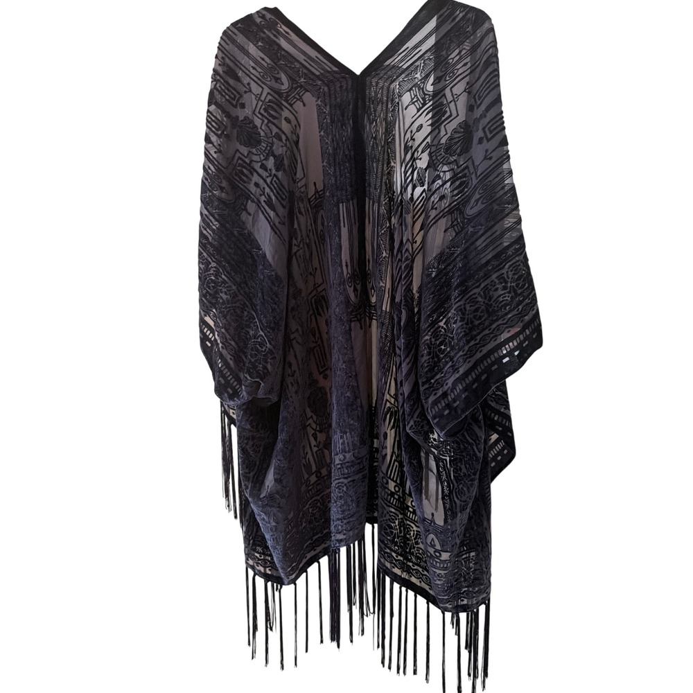 Lovestitch Kimono Navy Blue Burnout Velvet Fringe Wrap One Size Boho Festival - Picture 5 of 5